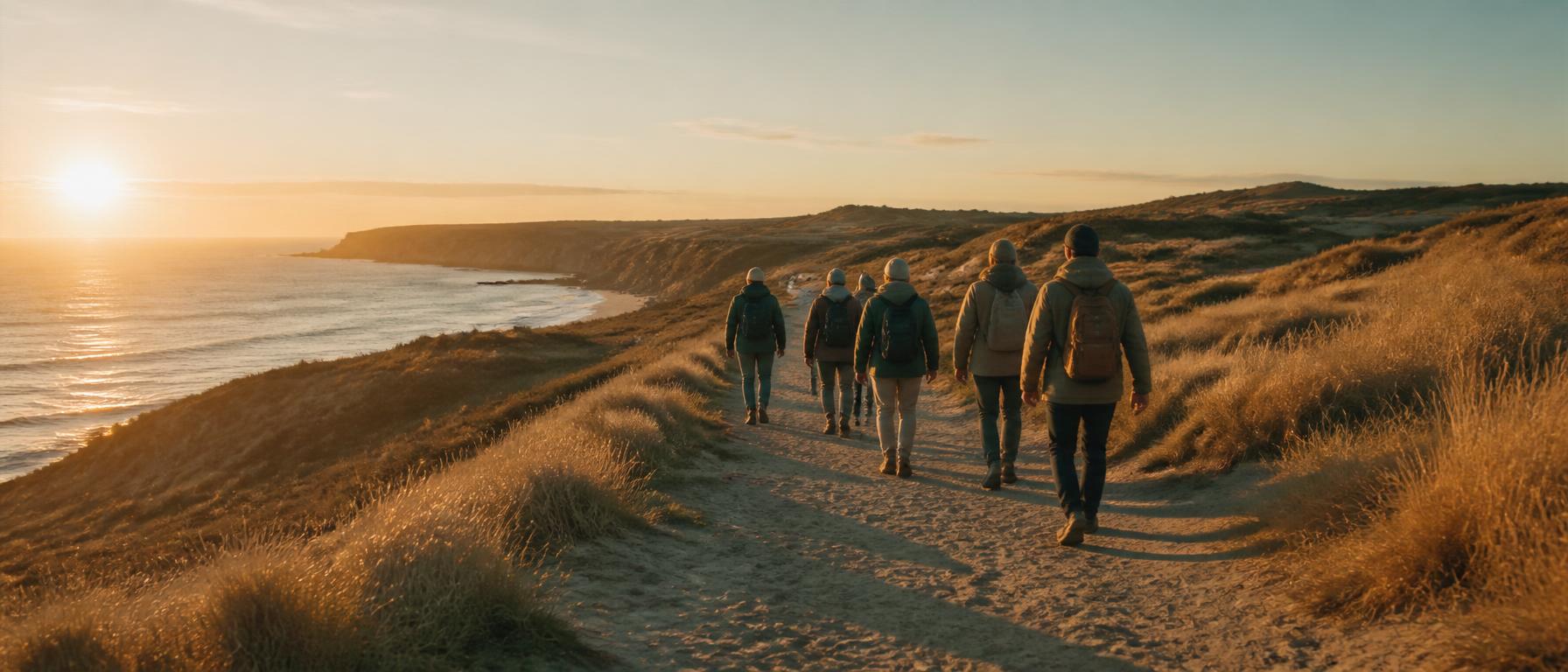 Team dat samen een pad bewandelt bij zonsondergang