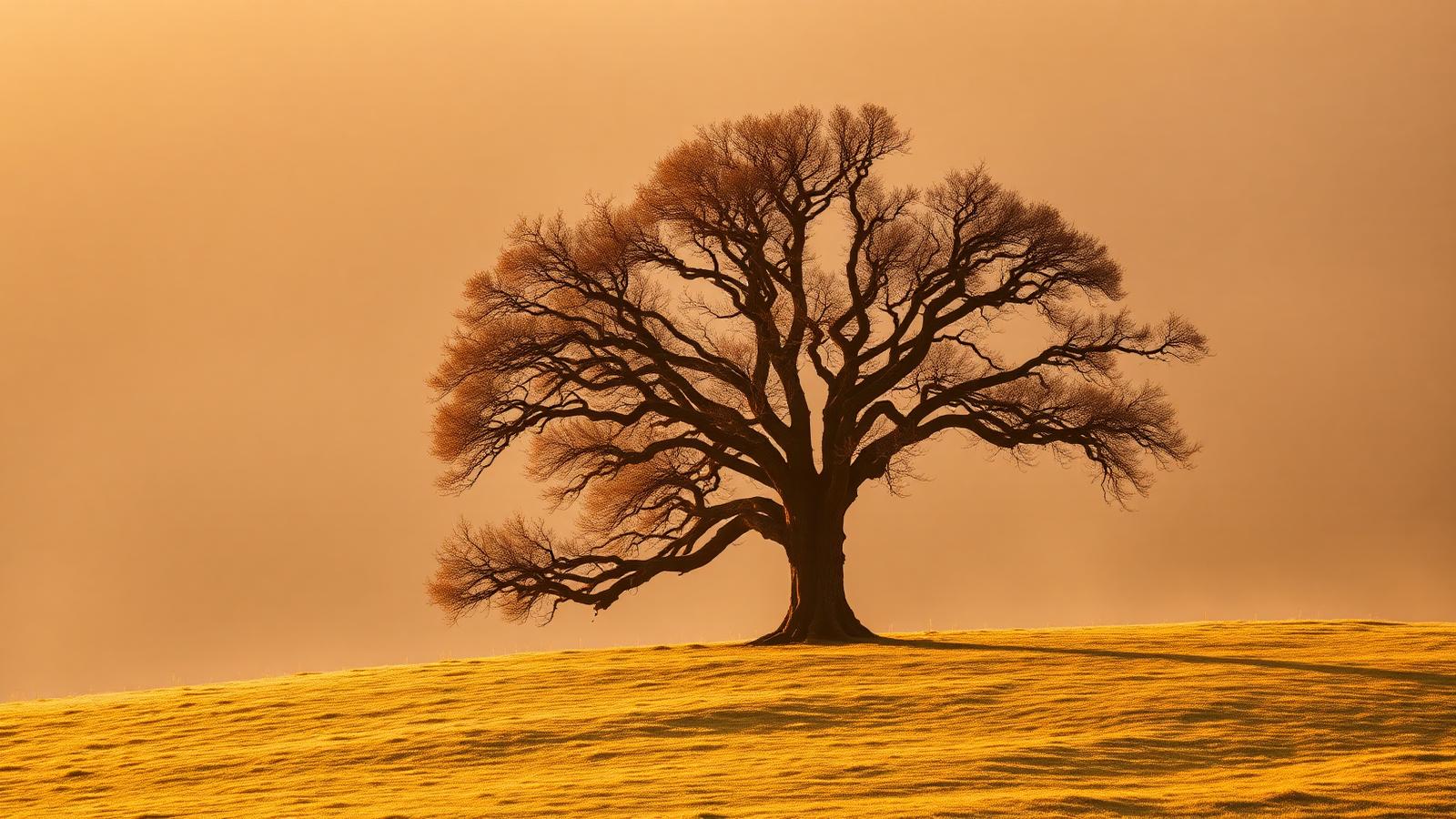Een oude eikenboom op een heuvel bij zacht ochtendlicht