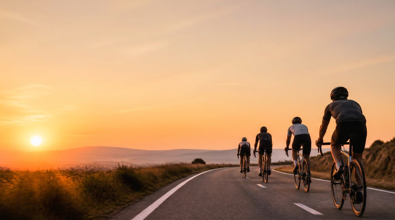 Klein groepje wielrenners op een rustige open weg bij zonsopkomst, samen onderweg richting de horizon